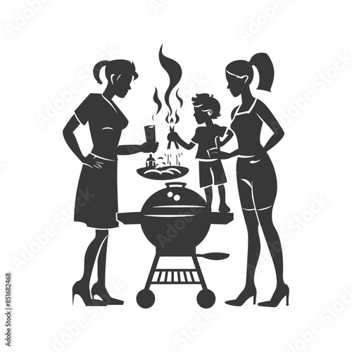 Family BBQ Silhouette: Mother, Daughter, and Son Grilling Outdoor Meal.