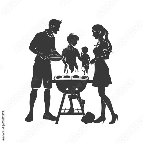 Family BBQ Silhouette: Grill, Children, Outdoor Cooking, Vector Illustration