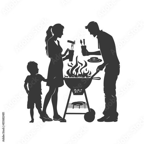 Silhouette Family BBQ: Grill Flames, Cooking Utensils, Togetherness.
