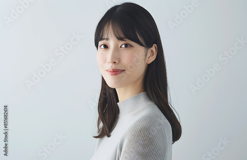 photo of attractive Japanese woman her early mid30s standing upright smiling slightly camera side view She wearing light gray long sleeve no jewelry Her hair straight bang fall over one eye she wear photo