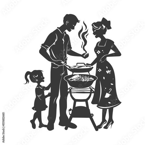 Silhouette Family BBQ: 1950s Style, Father Grilling, Mother & Daughter Watching.