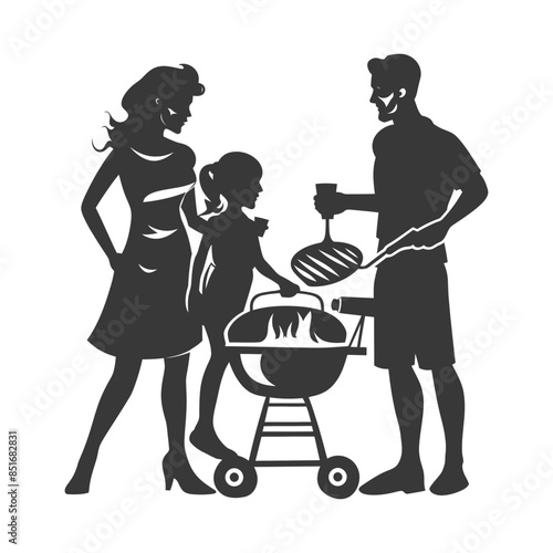 Silhouette Family BBQ: Dad Grilling, Mom and Daughter Watching Grill, Simple Vector.