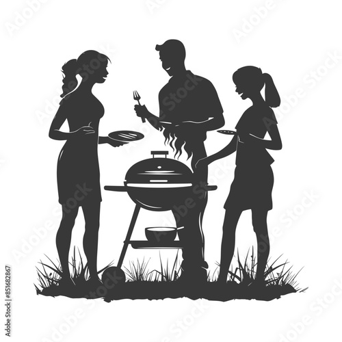 Silhouette BBQ Gathering: Friends Grilling, Outdoor Party, Vector Illustration.