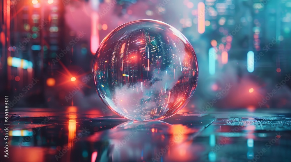 Futuristic cityscape night scene with vibrant neon lights reflected in a glass sphere, creating a cyberpunk atmosphere. Futuristic cityscape night scene with vibrant neon lights reflected in a glass sphere, creating a cyberpunk atmosphere.