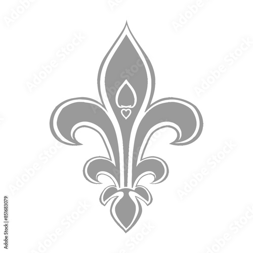 Elegant Gray Fleur-de-Lis: Stylized Heraldic Lily with Heart Detail, Vector Design on White