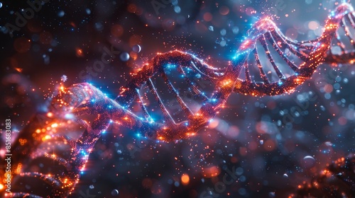 Glowing DNA strand representation with vibrant colors and bokeh effect, symbolizing genetics, research, and biotechnology in a futuristic way. photo