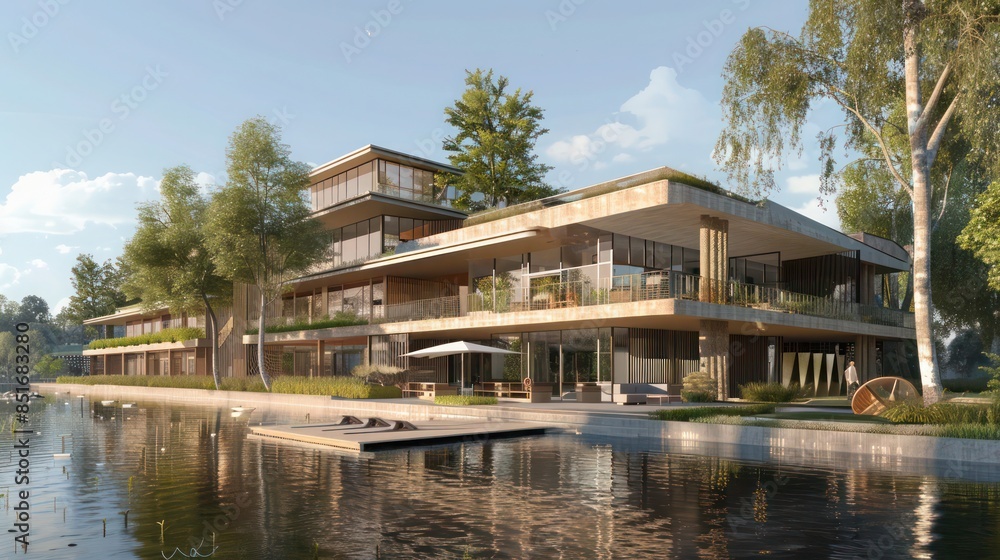 Detailed architectural plans for a luxury riverside hotel with modern amenities and eco-friendly design Detailed architectural plans for a luxury riverside hotel with modern amenities and eco-friendly design
