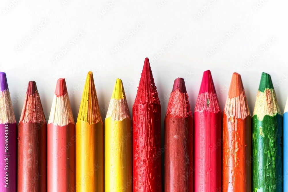 A row of pencils with different colors, including red, yellow, and green A row of pencils with different colors, including red, yellow, and green