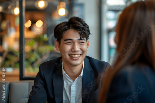 Young Japanese business man having interview woman sitting his right side they talk smile while wearing suit modern office space atmosphere of their conversation friendly warm photo taken behind them photo