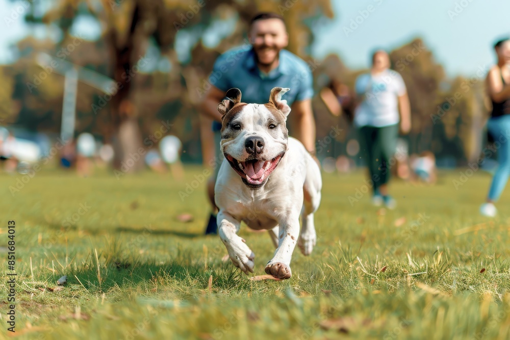 A man is running with his dog in a park A man is running with his dog in a park