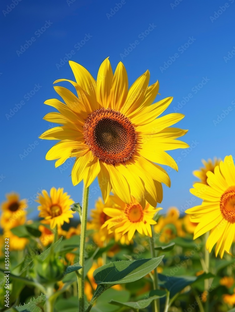 Vibrant sunflower field under a clear blue sky. Sunflowers in full bloom, showcasing their bright yellow petals and brown centers. Vibrant sunflower field under a clear blue sky. Sunflowers in full bloom, showcasing their bright yellow petals and brown centers.