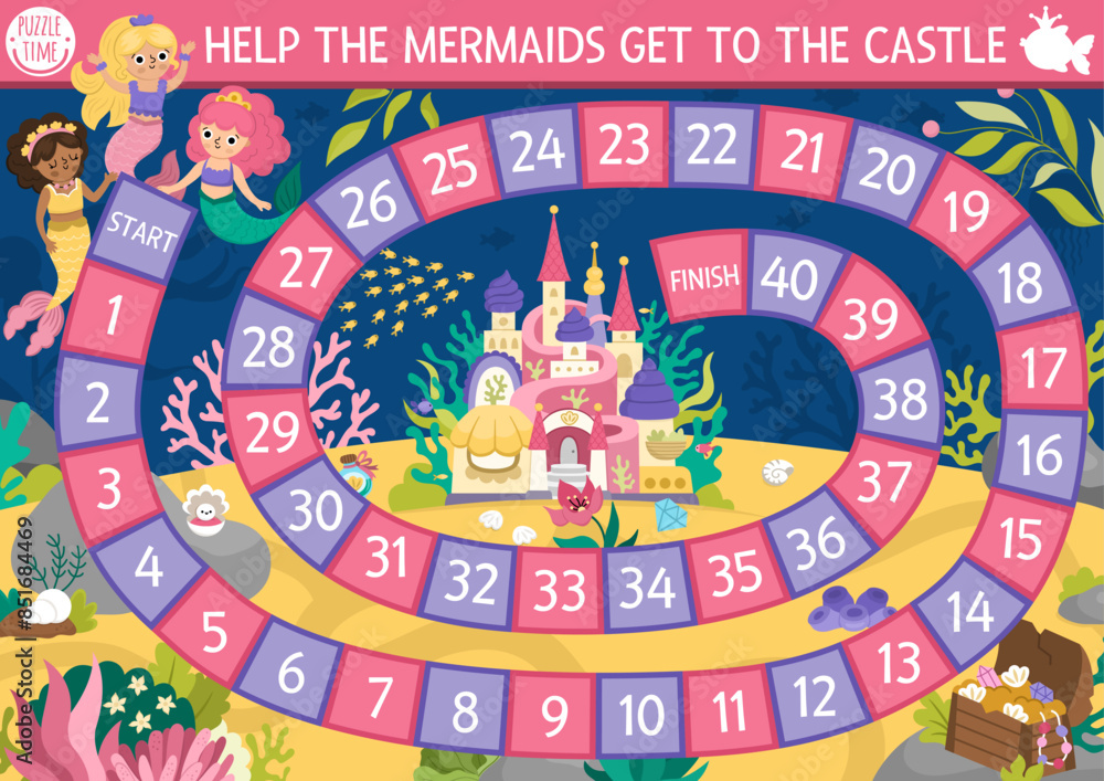 Mermaid dice board game for children with cute sea princess and castle. Marine boardgame with seaweeds, fish, treasure chest. Fairytale ocean kingdom printable activity or worksheet. Mermaid dice board game for children with cute sea princess and castle. Marine boardgame with seaweeds, fish, treasure chest. Fairytale ocean kingdom printable activity or worksheet.