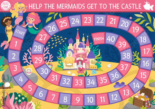 Mermaid dice board game for children with cute sea princess and castle. Marine boardgame with seaweeds, fish, treasure chest.  Fairytale ocean kingdom printable activity or worksheet.