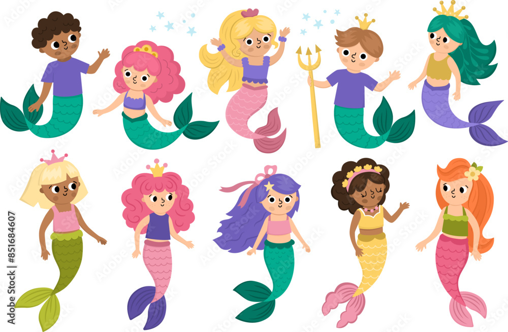 Vector mermaids set. Underwater kingdom collection with ocean princess, prince. Cartoon marine fairytale characters for kids. Water adventures clipart with sirens and mermen. Vector mermaids set. Underwater kingdom collection with ocean princess, prince. Cartoon marine fairytale characters for kids. Water adventures clipart with sirens and mermen.