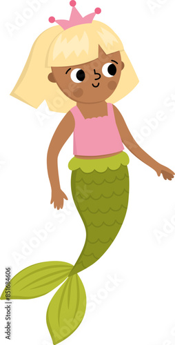 Fairy tale vector mermaid with blond hair. Fantasy fish girl isolated on white background. Fairytale sea princess. Treasure island, pirate, underwater adventure icon. Cute girlish siren character.