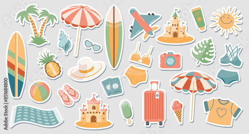 Set of cute summer stickers for your daily planner. Collection of scrapbooking elements for beach party, parasol, surfboard, ice cream, bikini, beach hat. Summer collection