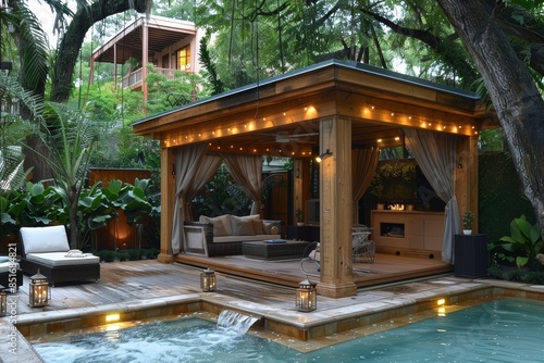 Beautifully designed wooden backyard gazebo with cozy seating and string lights, surrounded by lush greenery and pool, creating a perfect relaxing retreat
