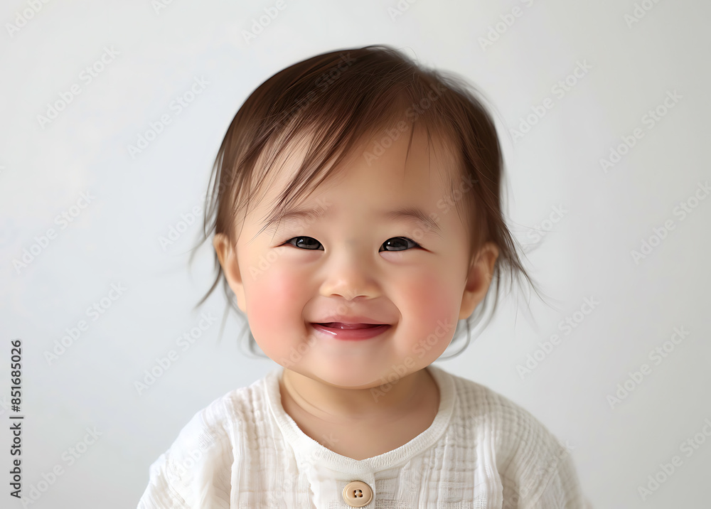 Cute asian baby face happy expression against white background taken photo studio soft light clear focus baby girl portrayed closeup portrait wearing white against solid colored white wall warm color Cute asian baby face happy expression against white background taken photo studio soft light clear focus baby girl portrayed closeup portrait wearing white against solid colored white wall warm color