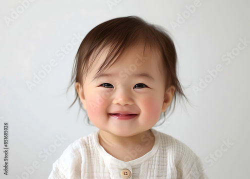 Cute asian baby face happy expression against white background taken photo studio soft light clear focus baby girl portrayed closeup portrait wearing white against solid colored white wall warm color