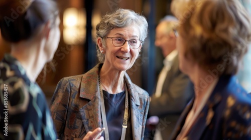 Senior woman networking with colleagues at a business conference in a hotel