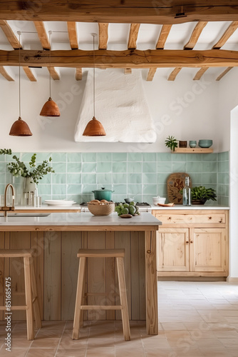 Kitchen Interior (Mediterranean, Provence, Country, Rustic, Boho) with Island and Glossy Zellige Light Blue Tile in Home