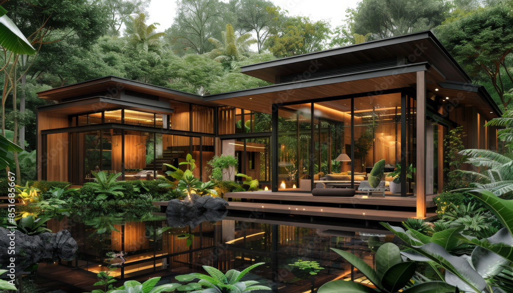 modern wooden villa with glass walls, surrounded by lush greenery modern wooden villa with glass walls, surrounded by lush greenery