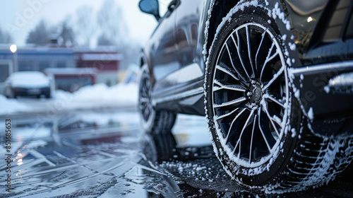 Car wheels with winter tires on them.