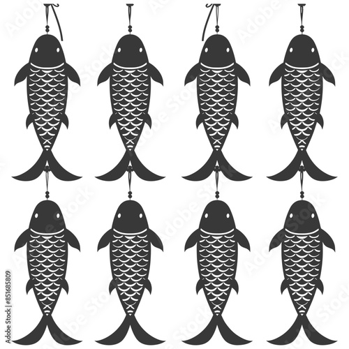Monochrome Carp Streamers: Row of Silhouette Fish Hangings, Minimalist Vector Illustration