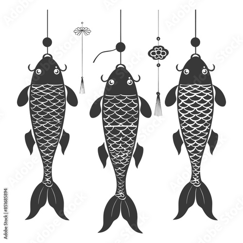 Hanging Koi Carp Mobiles, Asian Decoration, Graphic Illustration.