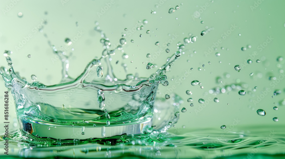 Clear glass stand with splashes on green water. Abstract nature design for showing products. Cosmetics. Clear glass stand with splashes on green water. Abstract nature design for showing products. Cosmetics.