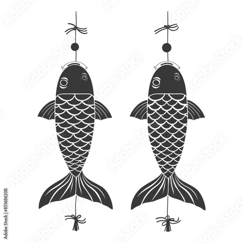 Two Monochrome Koi Fish Decorations, Hanging with String and Beads, Isolated Vector Illustration