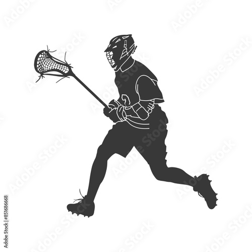 Lacrosse Player in Action: Silhouette Vector, Sport Athlete Running with Stick and Helmet.