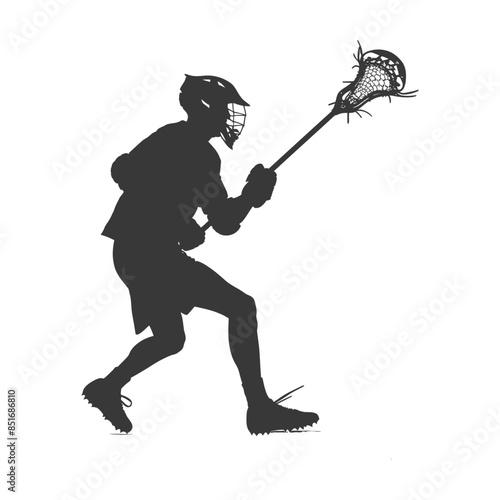 Lacrosse Player Silhouette: Action Pose, Sport Icon, Isolated on White.