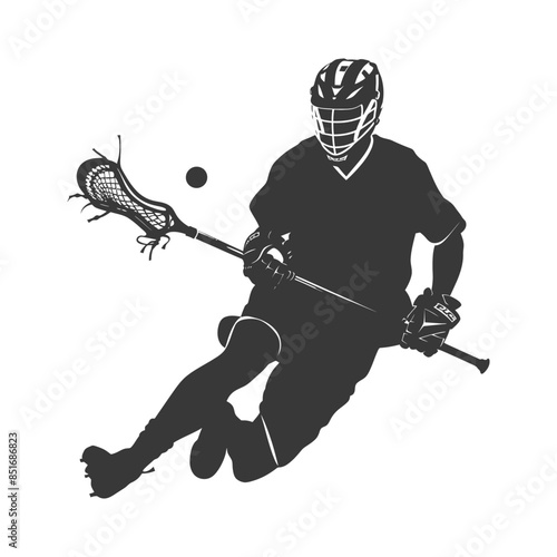 Lacrosse Player Silhouette: Action Shot, Stick, Ball, Sport.