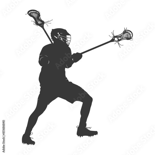 Lacrosse Player Silhouette: Defensive Stance, Dual Sticks, Full Gear.