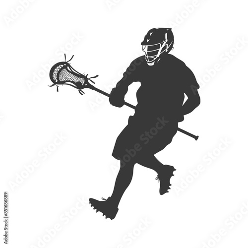 Lacrosse Player Silhouette, Running with Stick and Helmet, Isolated.