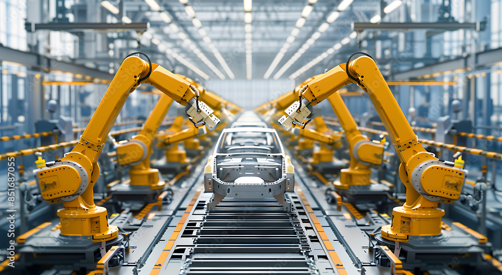 Car production line full of yellow robotic arm background feature gray metal frame focus picture appears unlit white space one end of each robot arm which may symbolize future technology or innovation Car production line full of yellow robotic arm background feature gray metal frame focus picture appears unlit white space one end of each robot arm which may symbolize future technology or innovation