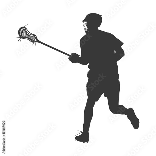 Lacrosse Player Silhouette: Fast Action, Stick Raised, Isolated.