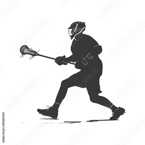 Lacrosse Player Silhouette: Action Stance with Stick, Isolated on White.