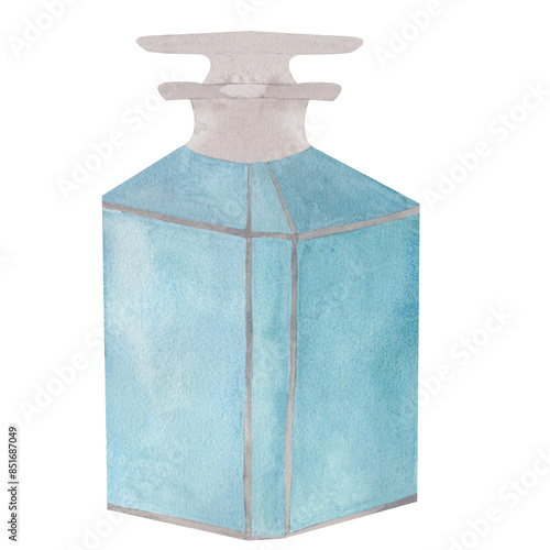 Vintage bottle of blue perfume hand hand painted in watercolor. Fashion illustration on white background. Used for postcards and design photo