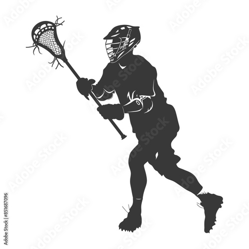 Lacrosse Player Silhouette: Action Stance, Stick Upright, Isolated on White.