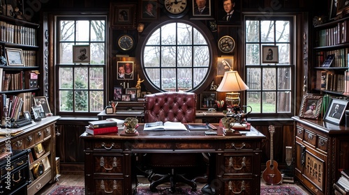 A beautifully decorated home office with dark wood furniture featuring an executive desk, leather chair, bookshelves, framed pictures, and a large circular window