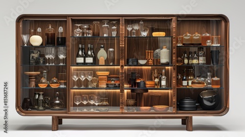 A meticulously organized wooden glass cabinet showcasing a diverse collection of elegant glassware, wine bottles, decanters, and various luxury items