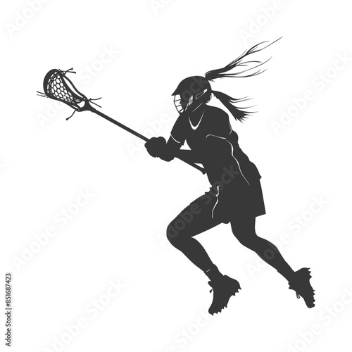Lacrosse Player Silhouette: Focused Female Athlete in Motion, Ponytail Flowing.