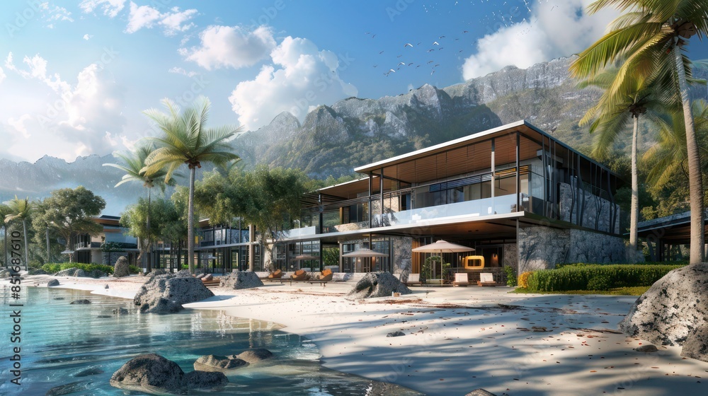 rchitectural plans for a contemporary beachfront resort with luxury accommodations and recreational facilities