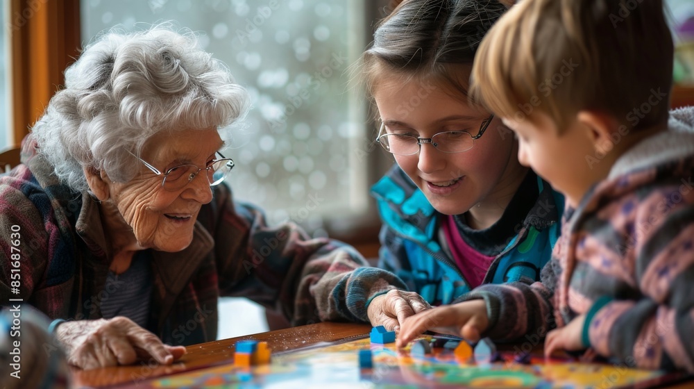 Senior woman playing board games with her grandchildren on a rainy afternoon Senior woman playing board games with her grandchildren on a rainy afternoon
