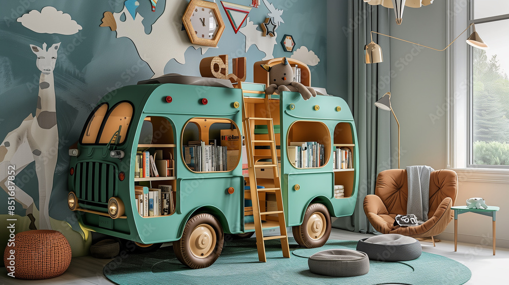 Naklejka premium a bus shaped bookshelf in kids nursery room