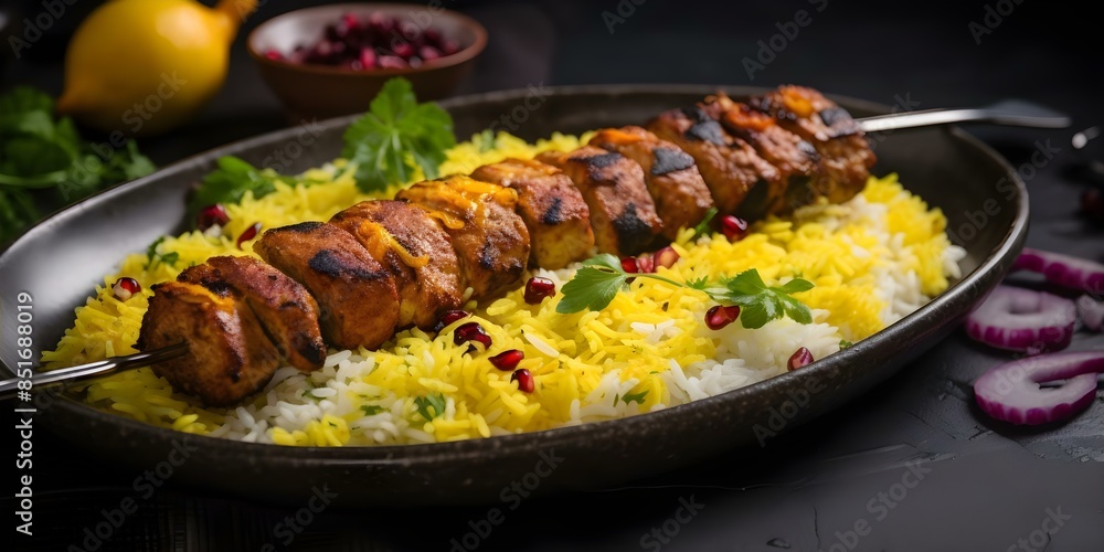 Delicious Joojeh Kabab Succulent Persian Chicken Kebab with Saffron Rice. Concept Iranian Cuisine, Joojeh Kabab, Persian Cuisine, Saffron Rice, Chicken Kebab Delicious Joojeh Kabab Succulent Persian Chicken Kebab with Saffron Rice. Concept Iranian Cuisine, Joojeh Kabab, Persian Cuisine, Saffron Rice, Chicken Kebab
