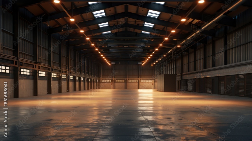 Obraz premium large industrial warehouse seen from outside at sunset