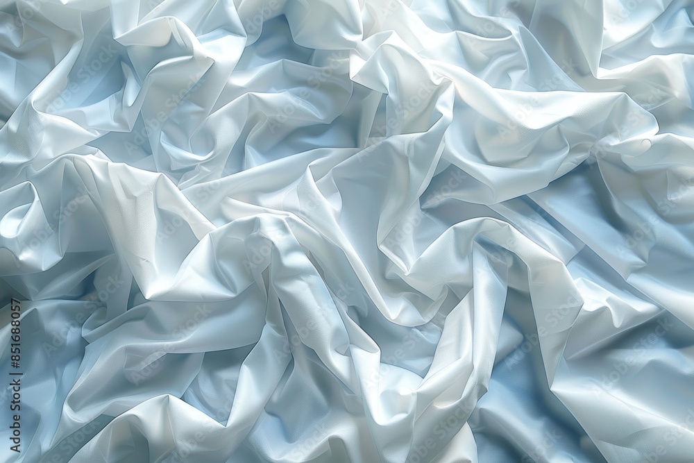 A highly detailed image showcasing a pile of crumpled light blue fabric, displaying intricate folds and textures in various shades of blue and white A highly detailed image showcasing a pile of crumpled light blue fabric, displaying intricate folds and textures in various shades of blue and white